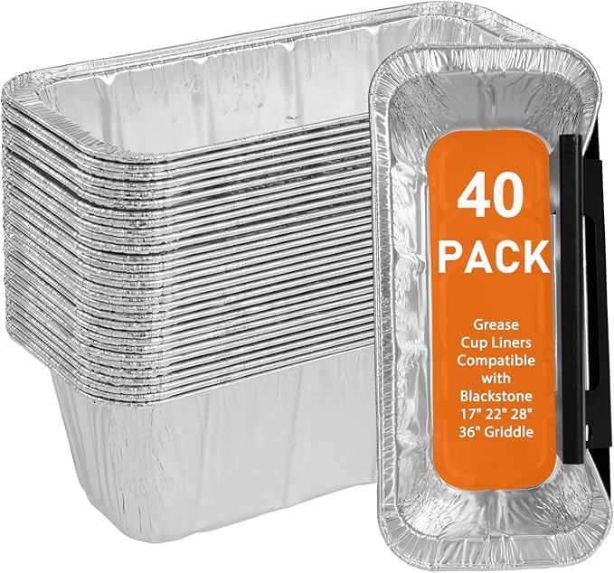 40 Pack Grease Cup Liners Compatible with Blackstone Griddle 5017 - Disposable Aluminum Foil Drip Pan Grease Catcher Cup Liner for 17, 22, 28, 36 Inch | Disposable;Heavy duty;Multipurpose;Wide compatibility;Easy to use;Easy to clean;Large capacity