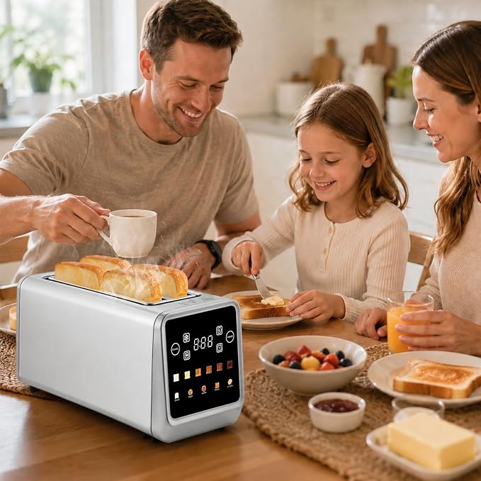 SAKAMOSH 4 Slice Long Slot Touch Screen Toaster, Stainless Steel | Wide Slots Fit Thick Bread & Bagels, 6 Browning Levels, Defrost & Reheat, Removable Crumb Tray, Great for Family Breakfast