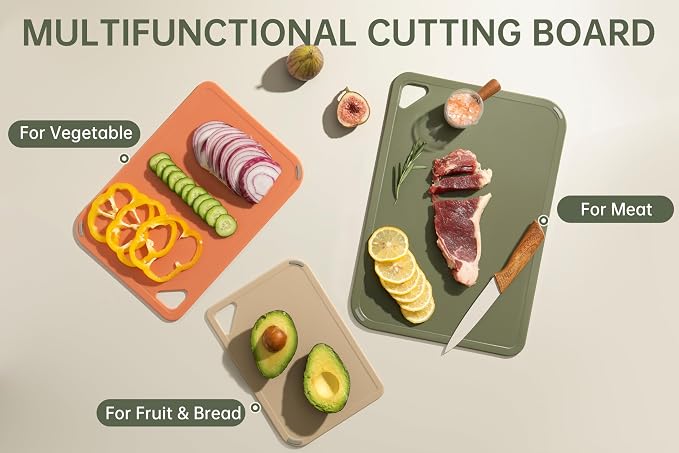 Plastic Cutting Board Set, Cutting Boards for Kitchen BPA Free | Large-Small Chopping Boards Set of 3 Non-Slip for Cooking Camping Dishwasher Safe, Reversible, with Grip Handle, Orange Green