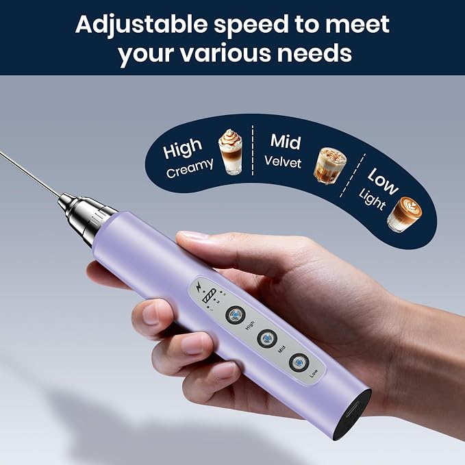 Milk Frother Wand Rechargeable Handheld Electric Whisk 3 Speed Adjustable | Coffee Frother Wand with 3 Stainless Whisks Electric Foam Maker Drink Mixer Blender for Latte Cappuccino Matcha Egg