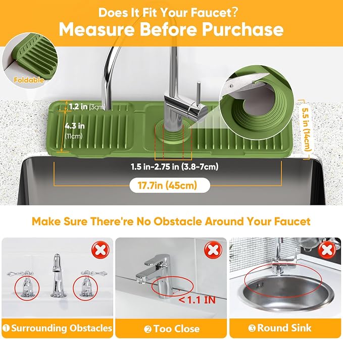 17.7'' Faucet Mat for Kitchen Sink Splash Guard[7° Slope Fast Self-draining][Snap Lock Fit] Folding Kitchen Sink Faucet Mat Splash Guard Kitchen Sink Area Water Splash Guard Behind Faucet Draining Mat