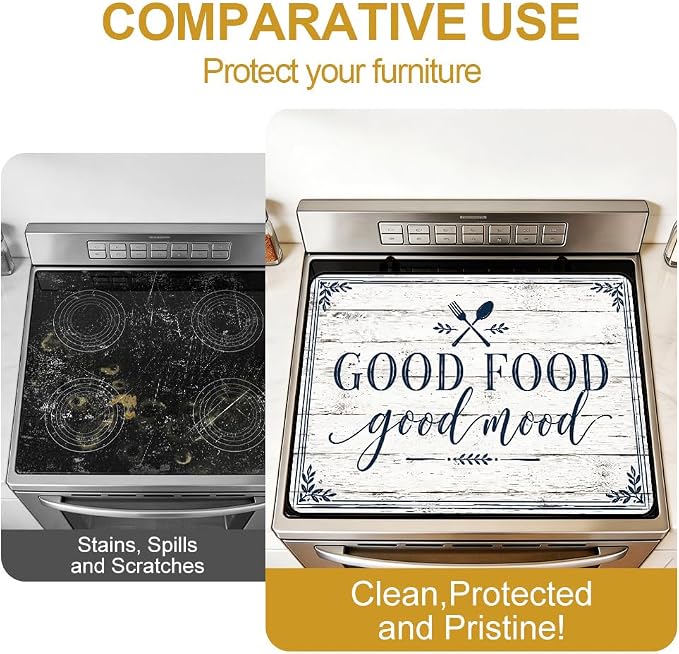 Good Food Good Mood Farmhouse Stove Top Cover Electric Gas Stove | Modern farmhouse kitchen decor; non-slip stovetop cover, glass cooktop noodle board, rustic country counter mat with quote