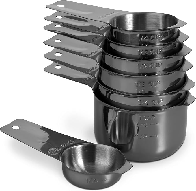 7-Piece 18/8 Stainless Steel Measuring Cups Set, Dark Gray | Includes 1/16, 1/4, 1/3, 1/2, 2/3, 3/4 and 1 Cup, Engraved US and Metric Markings, Pour Spouts and Ring Connector
