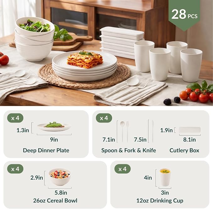 Plates and Bowls Sets 28 PCS Modern Wheat Straw Dinnerware Sets for 4 Unbreakable Kitchen Plate Set - Dinner Plates, Plastic Bowls, Travel Utensils Microwave & Dishwasher Safe (White)