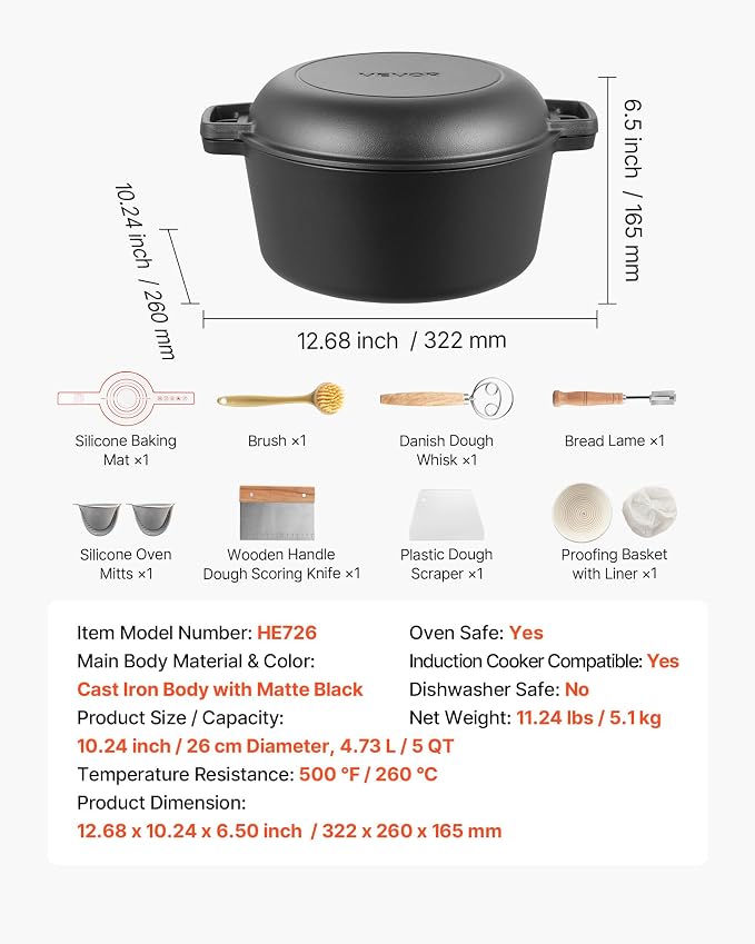 VEVOR Cast Iron Dutch Oven, 2-in-1 Pre-Seasoned Pot with Skillet Lid, 5QT Cookware Pan with Proofing Basket, Bread Baking Accessories, Bread-Oven Compatible 500℉