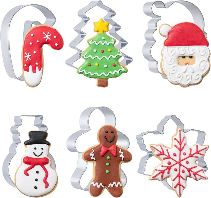 Christmas Cookie Cutters Set 6 Pieces,Biscuit Cutter Set for Holiday | Stainless Steel Metal Cutter with Christmas Tree, Gingerbread Man, Snowman, Snowflake, Candy Cane, Santa Face Shapes