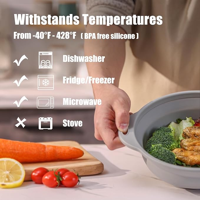 Collapsible Silicone Bowl Large Capacity 2600ml(88floz) - BPA Free, Heat Resistant(-40°F to 400°F), Non-Slip for Family Meals Soup Bowls, Camping & RV Kitchen(Grey)
