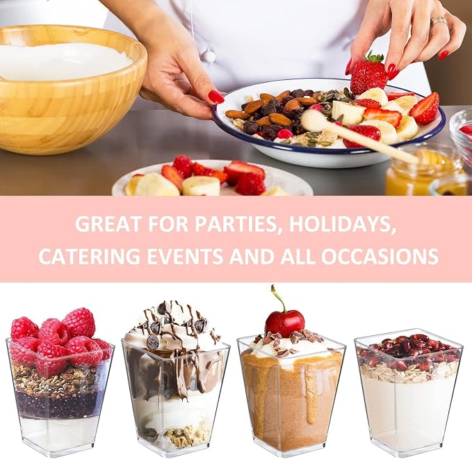 Dessert Cups with Lids and Spoons, 5 oz Clear Trapezoid, 75 Piece Set | For Parfaits, Mousse, Pudding, Fruit and Appetizers, For Weddings, Birthdays and Parties