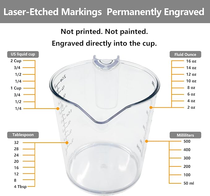 Laser-Etched Measuring Cup Set, 16 oz & 1 Cup Clear Plastic Liquid Measuring Cups, Permanent oz/cup/Tbsp/mL Markings, Food-Grade for Baking & Cooking