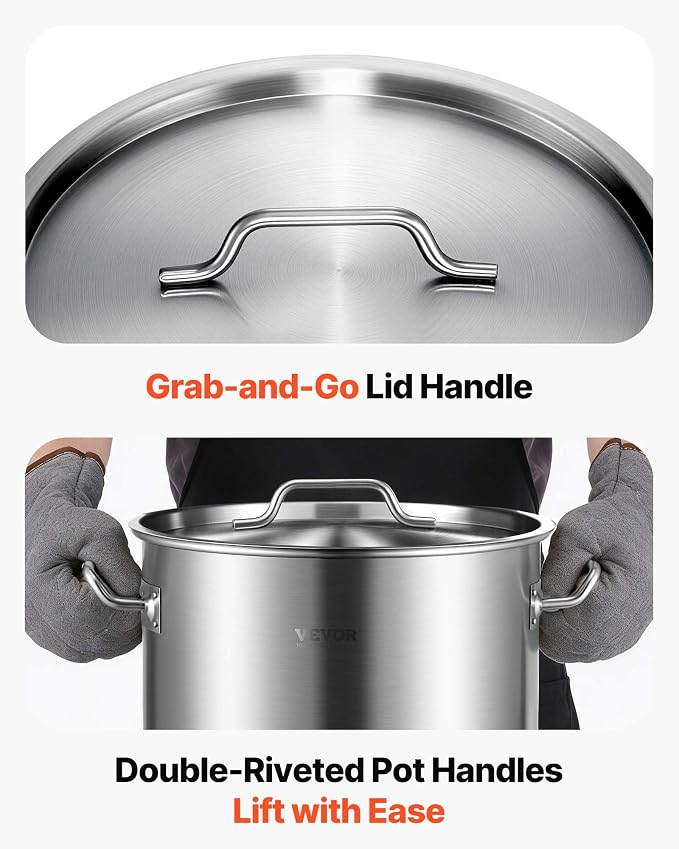 VEVOR Stainless Steel Stockpot, 42 Quart Large Cooking Pots, Cookware Sauce Pot with Strainer, Lid, and Handle, Heavy Duty Commercial Grade Stock Pot, Sanding Treatment, for Large Groups Events Silver
