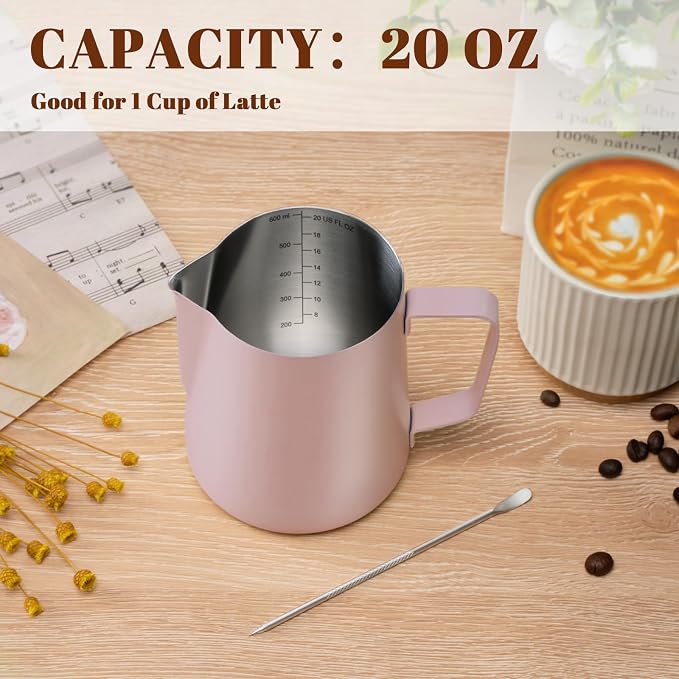 Amrules Milk Frothing Pitcher 20oz Frother Cup Barista Tools, Pink | 18/8 Stainless Steel, 20oz Capacity with Clear Scale, with Decorating Pen, Ergonomic Handle, for Cappuccino, Latte & Espresso