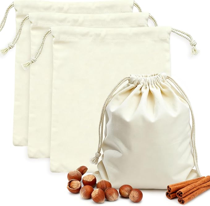 PrettyCare 15x13 Inch Reusable Cotton Storage Bags, 3-Pack Muslin Drawstring Bags for Bread, Potatoes, Onions, Produce; Biodegradable Canvas Fabric Sacks for Shoes, Laundry, Clothes, Travel Storage