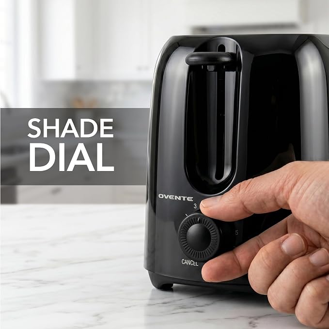 OVENTE Electric 2 Slice Toaster Machine 6-Shade Setting, Black TP2210B | Compact Design and Removable Crumb Tray, 700W Power Perfect for Toasting Bread, Thin Bagels and Waffles