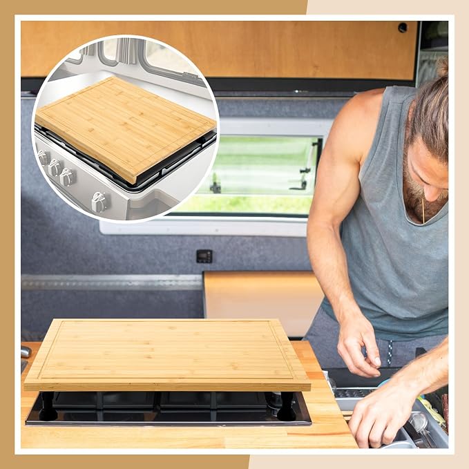 Sintuff Rv Stove Top Cover Board, Multiple Wood Noodle Board Gas Burner Camper Stove Top Cover with 4 Pcs Adjustable Legs and Juice Grooves for Trailer Electric Gas Burner Kitchen (20" x 17")