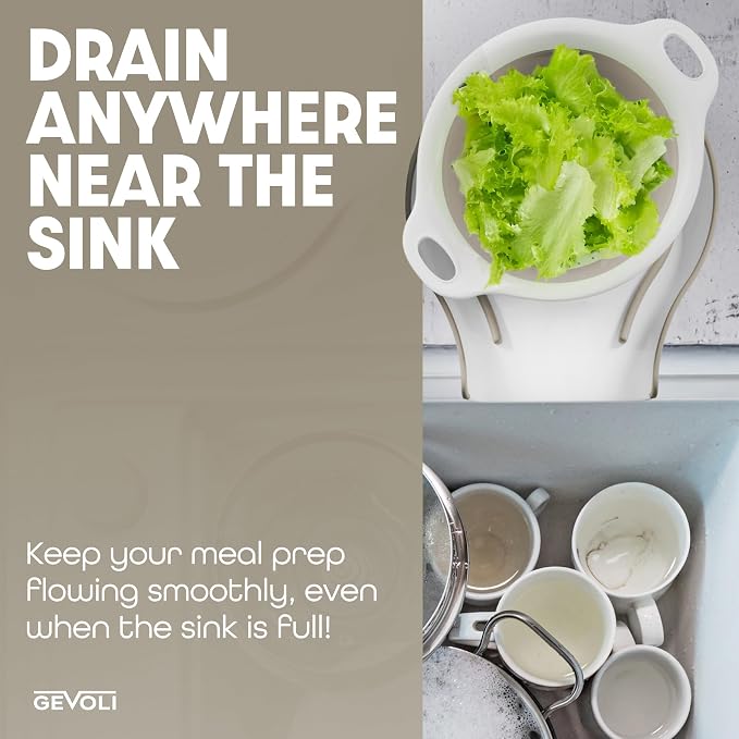 Gevoli Collapsible Colanders (3 Pack Set) Food Strainers with Over-Sink Water Draining Base for Pasta Fruits and Vegetables, White/Beige (3 Sizes, 3QT, 4QT and 5 Quart)