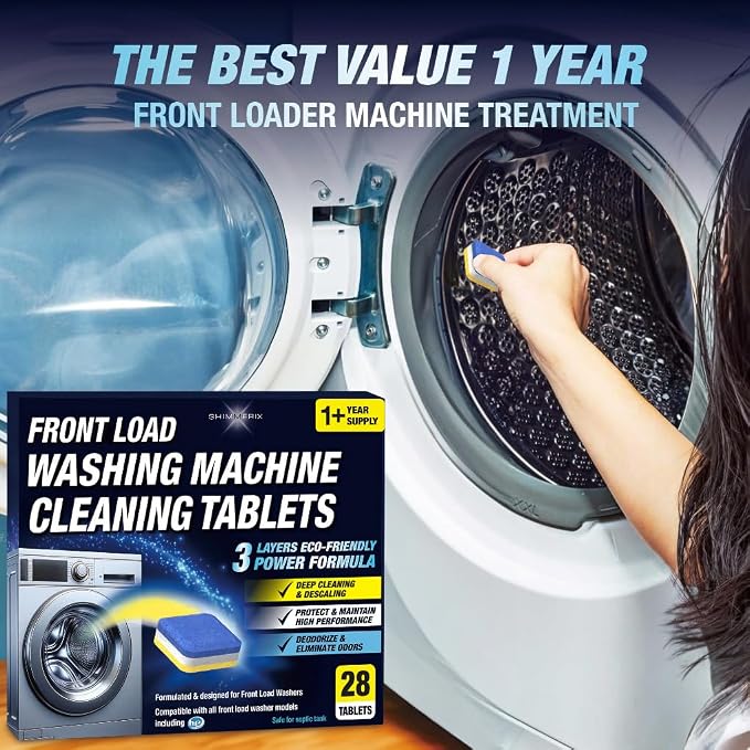 Washing Machine Cleaner Descaler, 28 Pack, Designed for Front Loader Washer | Deep Cleaning Tablets for HE, Septic Safe Eco-Friendly Deodorizer, Clean Inside Drum, Clean Laundry Tub Seal, 1+ Year Supply