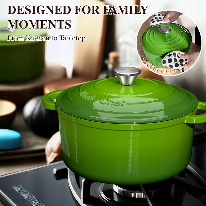 Umite Chef 7QT Enameled Cast Iron Dutch Oven with Lid & Cotton Potholders–Heavy-Duty Cookware for Bread Baking, Braising, Stews, Marinate, Cook,Refrigerate & Serve(Green)