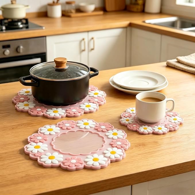 3Pcs Insulation Mat Daisy Cup Mat Cute Coaster Non-Slip Pad,Pink | Silicone Heat Insulation Table Mat,Bowl Placemat,Desk Decoration