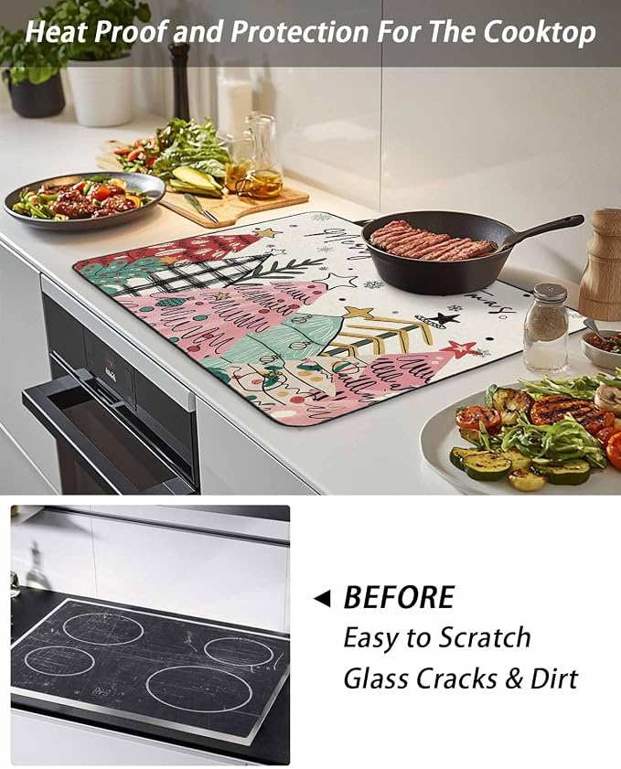 Stove Top Covers for Electric Stove 24x21 Inches, Pink Christmas Tree HeatResistant Glass Cooktop Protector, Vintage Beige Xmas Snowflake Doodle Ceramic Stovetop Countertop Covers Mat, Oven Cover