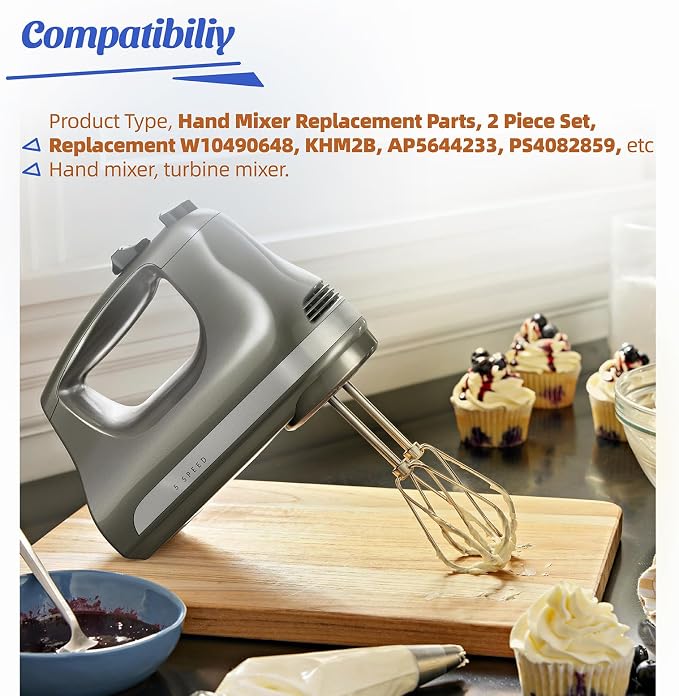 Hand Mixer Beaters for KitchenAid, Fits W10490648 KHM2B, 2 Pack | Stainless steel turbo beaters, fits KitchenAid KHM2B KHM3 KHM5 KHM7 KHM9 series hand mixers, replaces W10240913 AP5644233