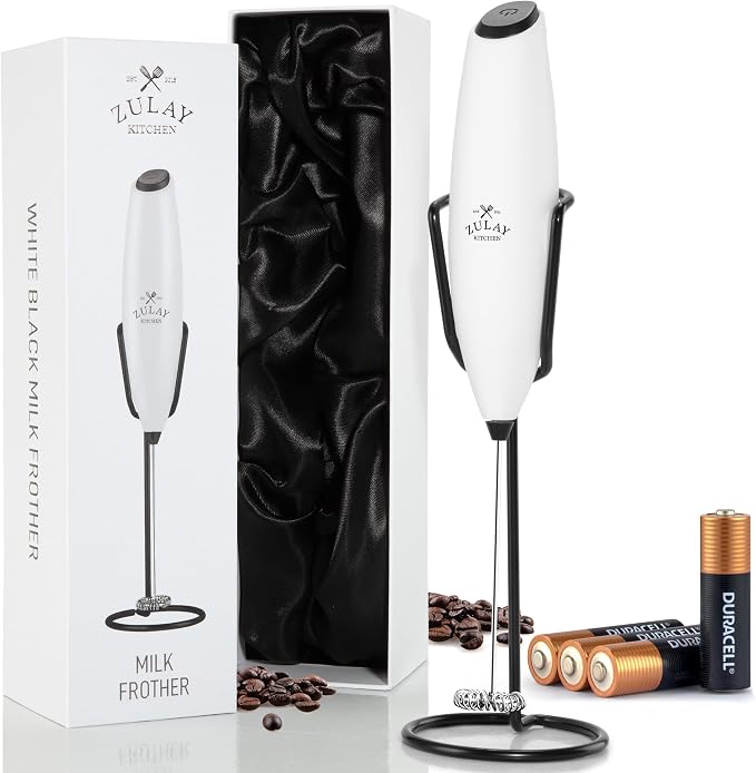 Zulay Kitchen Powerful Milk Frother Wand With Duracell Batteries - Ultra Fast Handheld Drink Mixer - Electric Whisk Foam Maker for Coffee, Lattes, Cappuccino & Matcha - Z1 Motor - Exec White & Black
