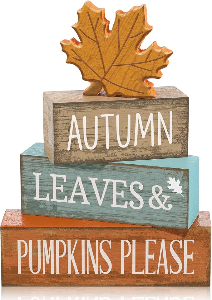 Lineshading 4 Pcs Fall Decorations For Home Wooden Maple Leaf Thanksgiving | Rustic Fall Table Centerpiece with Maple Leaf, Stacked Leaves Pumpkins Signs, Seasonal Harvest Theme, Sunflower Accents