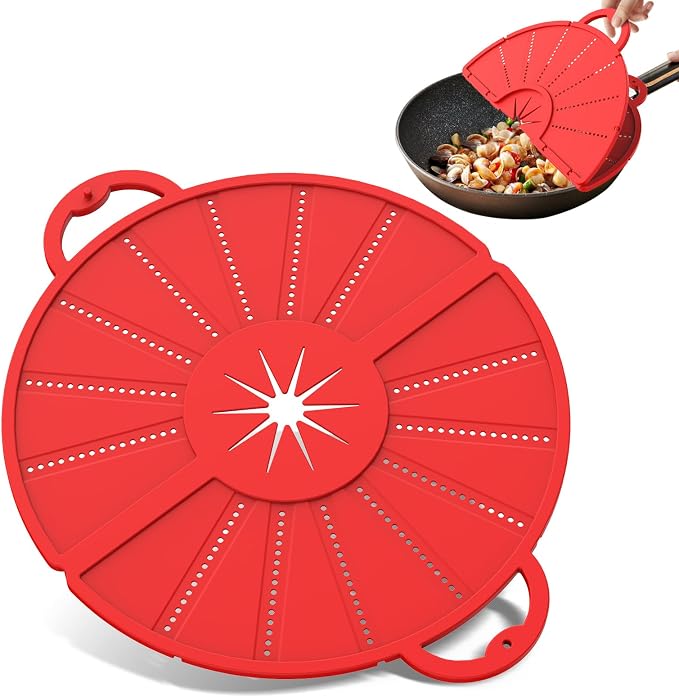 Foldable Silicone Splatter Screen for 10-13'' Pans with Handle,Red| Foldable Splash Guard, Multi-Use Grease Splatter Guard/Trivet Mat,Non-Stick Oil Splatter Guard,BPA-Free,Dishwasher Safe