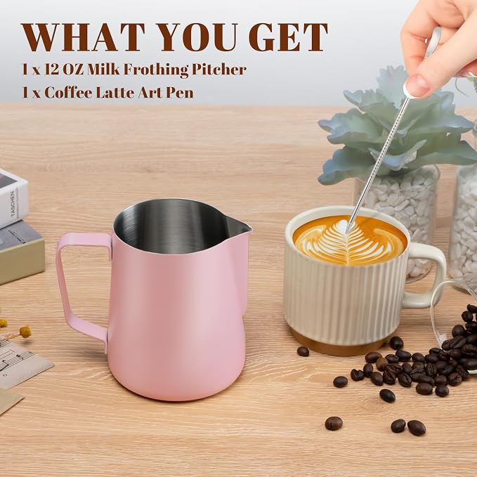 Amrules Milk Frothing Pitcher 12oz Frother Cup Barista Tools, Pink | 18/8 Stainless Steel, 12oz Capacity with Clear Scale, with Decorating Pen, Ergonomic Handle, for Cappuccino, Latte & Espresso