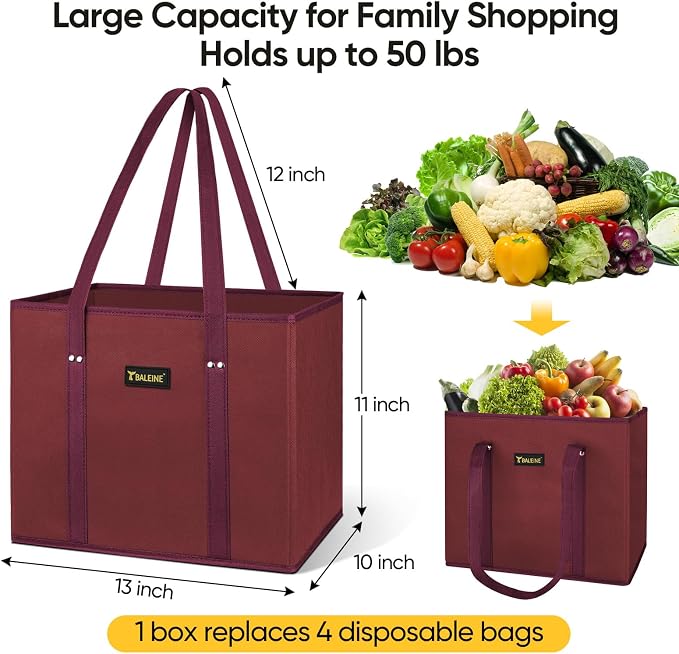 BALEINE 3PK Reusable Grocery Bags, Heavy Duty Shopping Tote Bag | 12'' Long Handles, Reinforced Bottom Keeps Upright, Fold Flat Storage, Water-Resistant Shopping Bag, Multiple Color Options