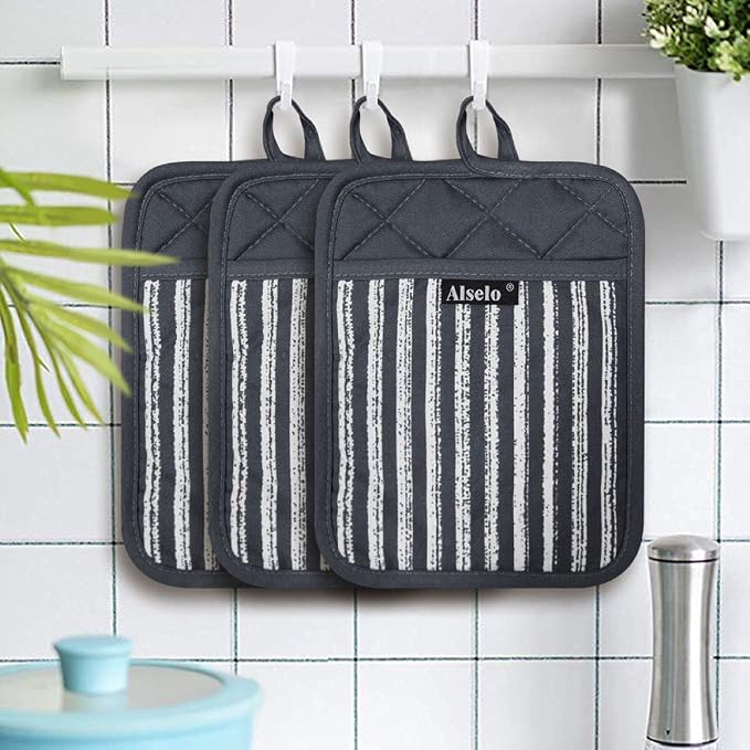 Alselo Silicone Pot Holders Set of 3 Heat Resistant & Non Slip Potholders | Professional Oven Hot Pads with Pockets Mitts for Kitchen Cooking Baking Barbecue (Grey 3)