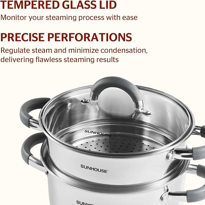 SUNHOUSE 3-Quart Stainless Steel Steamer Pot for Cooking | Steaming Pot with Glass Lid & Steamer Basket - 2 Tier Tri-ply Stovetop Steamer For Vegetable, Veggie - Induction Compatible