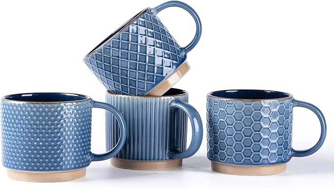 GBhome 6 OZ Stackable Coffee Mugs Set of 4, Ceramic Coffee Cups Set | 4 Assorted Designs, Embossed Mugs with Texture Patterns for Espresso/Tea, Dishwasher&Microwave Safe, Blue
