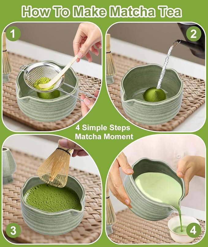JBER Matcha Whisk Set, 7PCS Matcha Set with Bamboo Whisk for Matcha Lovers | Ceramic Matcha Kit Includes 17oz Bowl, Whisk (Chasen) 100 Prongs, Holder, Spoon, Sifter for Matcha Beginners, Mottled Green