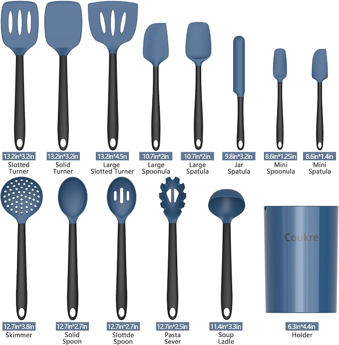 Coukre Silicone Kitchen Cooking Utensils Set, Heat Resistant, 14-Piece | Dishwasher-Safe, Food-Grade Silicone, BPA-Free, Spatulas, Spoons & Turner, Safe for Nonstick Cookware, DarkBlue