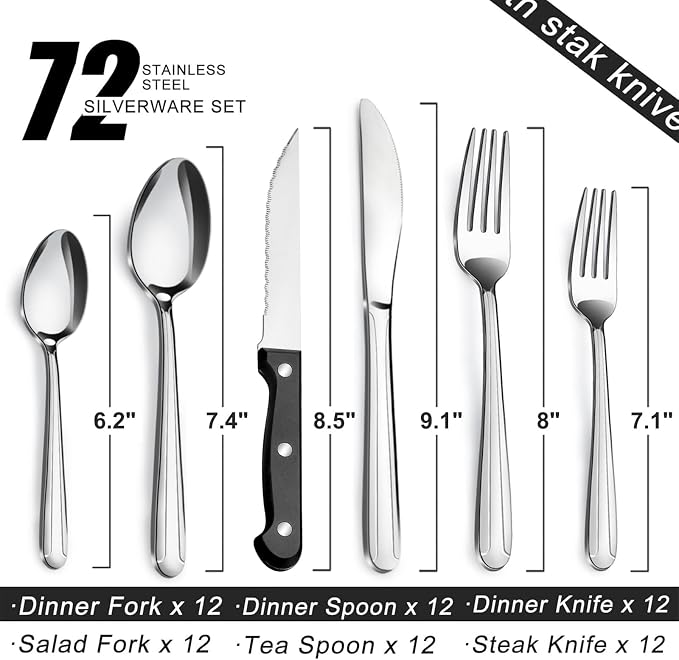 Pleafind 72-Pieces Silverware Set for 12, Flatware Set with Steak Knives, Stainless Steel Cutlery Set, Include Forks Spoons and Knives Set, Dishwasher Safe Utensil Sets for Home Restaurant