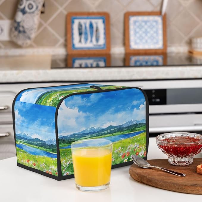 2 Slice Toaster Cover Flower Field Blue Sky Dust Proof Washable Kitchen Appliance Cover with Pocket, Oxford Fabric Countertop Toaster Protector for Standard Toasters Small Appliances