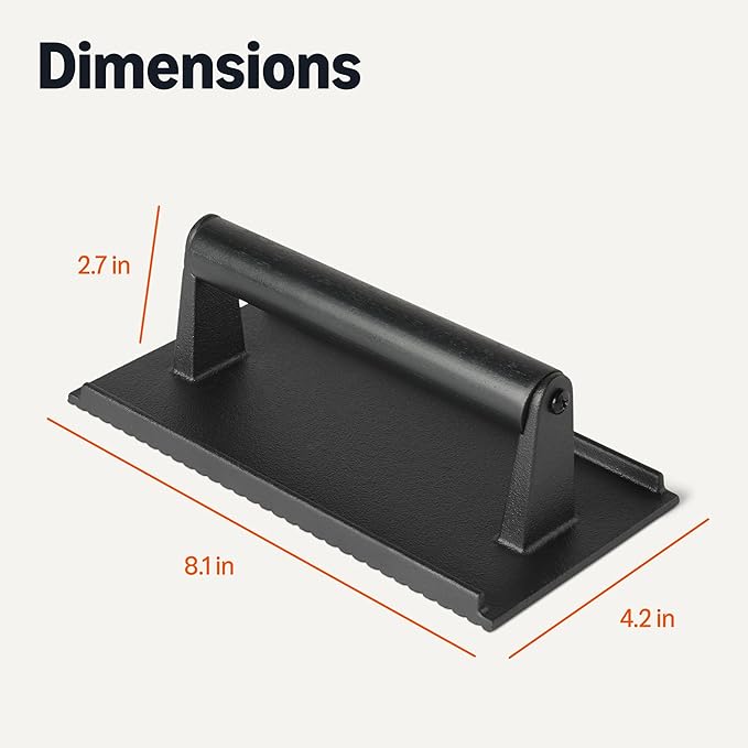 Amazon Basics Smash Burger Press, Cast Iron Bacon Press with Wooden Handle, Grooved Bottom for Grill Marks, Rectangle 8.1 x 4.2 Inch, Black, 1-Pack