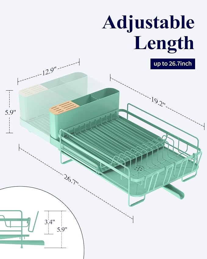 Kitsure Extendable Dish Drying Rack, 19.2"-26.7" L x 12.9" W, Green | Large Dish Rack, Multifunctional Dish Rack for Kitchen Counter, Anti-Rust Dish Drainers with Cutlery & Cup Holders