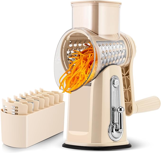 SUSTEAS Rotary Cheese Grater 5 Blades,Kitchen Mandoline Vegetable Slicer | Beige, Easy to Clean, Strong Suction Base, 5 Blades Storage Box, Round Mandoline Slicer & Food Chopper for Salad