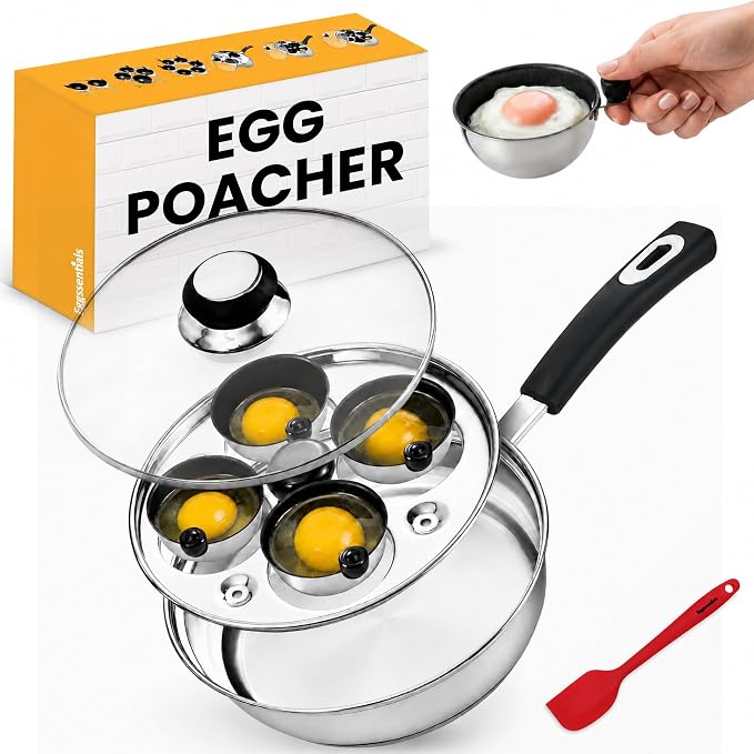 Egg Poacher - Eggssentials Poached Egg Maker, Stainless Steel Egg Poaching Pan, Poached Eggs Cooker Food Grade Safe PFOA Free with Spatula.