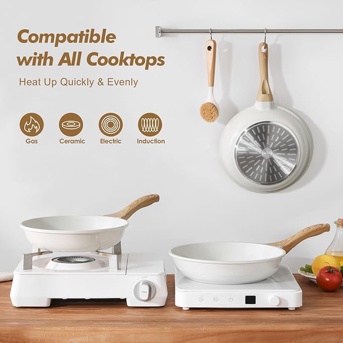 SENSARTE Ceramic Nonstick Frying Pan Skillets, White (8+10 Inch) | Healthy ceramic nontoxic coating, PTFE & PFAS free. Compatible with all stoves including induction cooktops. Easy to clean.