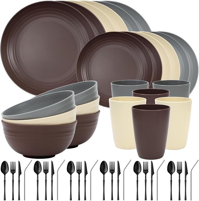 Quatish 48 Piece Plates and Bowls Sets for 6, Unbreakable Dinnerware Sets, Plastic Dish Set for Camping, Dishwasher Microwave Safe, Outdoor Kitchen and Apartment Dinning RV Essentials, Brown