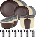 Quatish 48 Piece Plates and Bowls Sets for 6, Unbreakable Dinnerware Sets, Plastic Dish Set for Camping, Dishwasher Microwave Safe, Outdoor Kitchen and Apartment Dinning RV Essentials, Brown