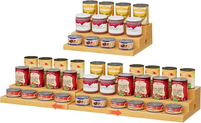 3-Tier Extra-Long Expandable Bamboo Can Rack for Pantry, Holds 45 Cans | Adjustable Pantry Can Organizer, Large Capacity Holds up to 45 Cans, Pantry Shelf & Countertop Storage (Patent Pending)