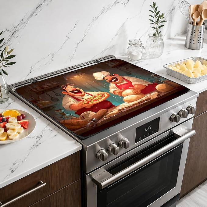Electric Stove Top Cover for Glass Top, Funny Chef Pie Decor – Heat Resistant Flat Stove Top Covers, Decorative Scratch Protector Mat for Glass Ceramic Cooktop, Non-Slip, 28"x20"