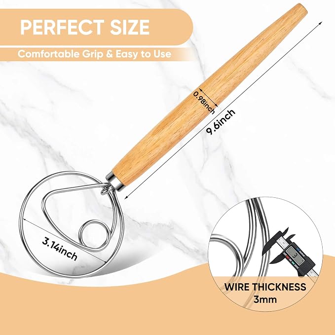 Maxjoy Danish Dough Whisk, Stainless Steel Wooden Bread Tool for Sourdough | Wooden Handle Dutch Dough Hook, Replaces Mixer and Spoon for Sourdough Pastry Pizza, Food Safe, Rust Resistant, Easy Clean