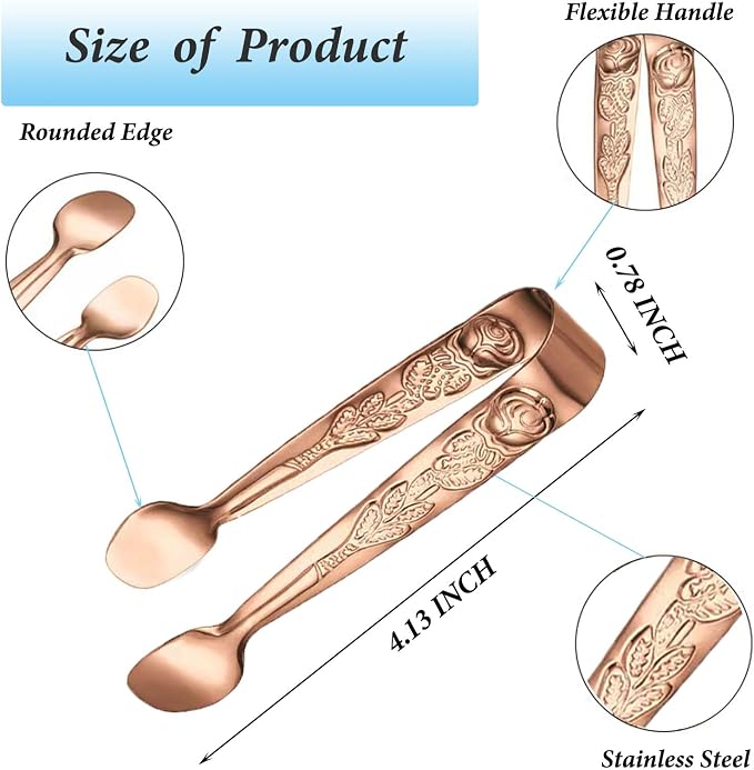 Mini Serving Tongs, 6PCS Small Rose Sugar Cube Tong, Small serving tongs Stainless Steel Ice Tong, 4Inch Rose Gold tongs for Kitchen, Appetizers, Coffee Bar, Salad, Desserts and Charcuterie Board