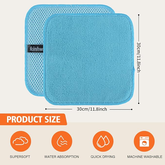 Dish Cloths for Washing Dishes with Scrub Side, Microfiber Dish Rags | Dual-sided microfiber dish cloths with scrubber for stuck-on food, quick dry kitchen washcloths 9 Pack, 12" x 12 Inch Blue