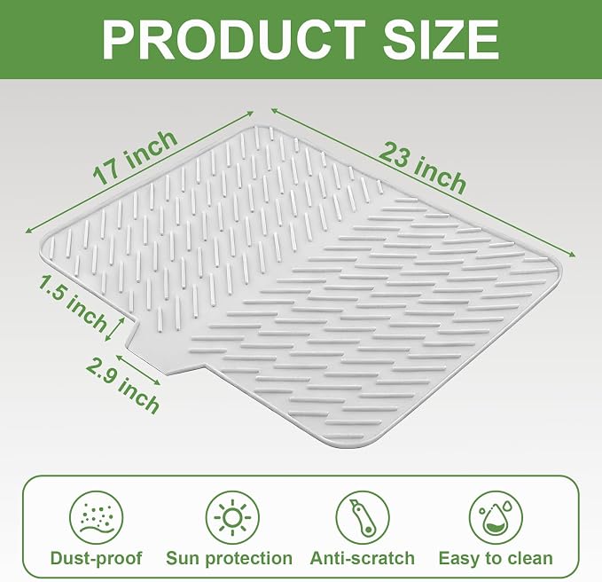 Silicone Dish Drying Mat for Kitchen Counter, White-1pcs, 23" x 17" | Heat Resistant & Non-Slip Dish Drain Pad with Built-In Drain, Dishwasher Safe, Quick-Dry, Hangable & Roll-Up for Storage