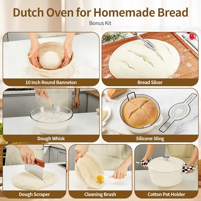 Enameled Cast Iron Dutch Oven pot 6.5 QT with Lid for Bread Baking | Cookware incl. Sourdough Bread-Baking Supplies like Banneton, Dough Whisk, Gloves, Oven Safe for Stews, Roasting, Cream White
